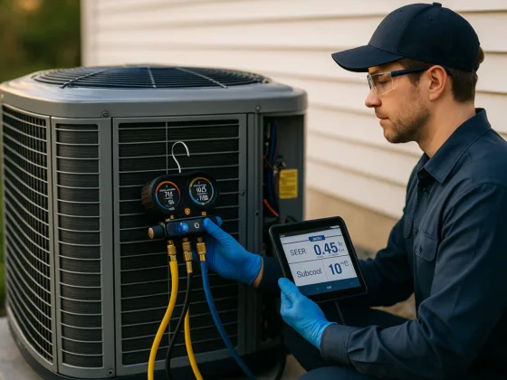 Technician checking refrigerant charge and static pressure on a residential heat pump condenser