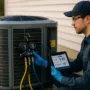 Technician checking refrigerant charge and static pressure on a residential heat pump condenser