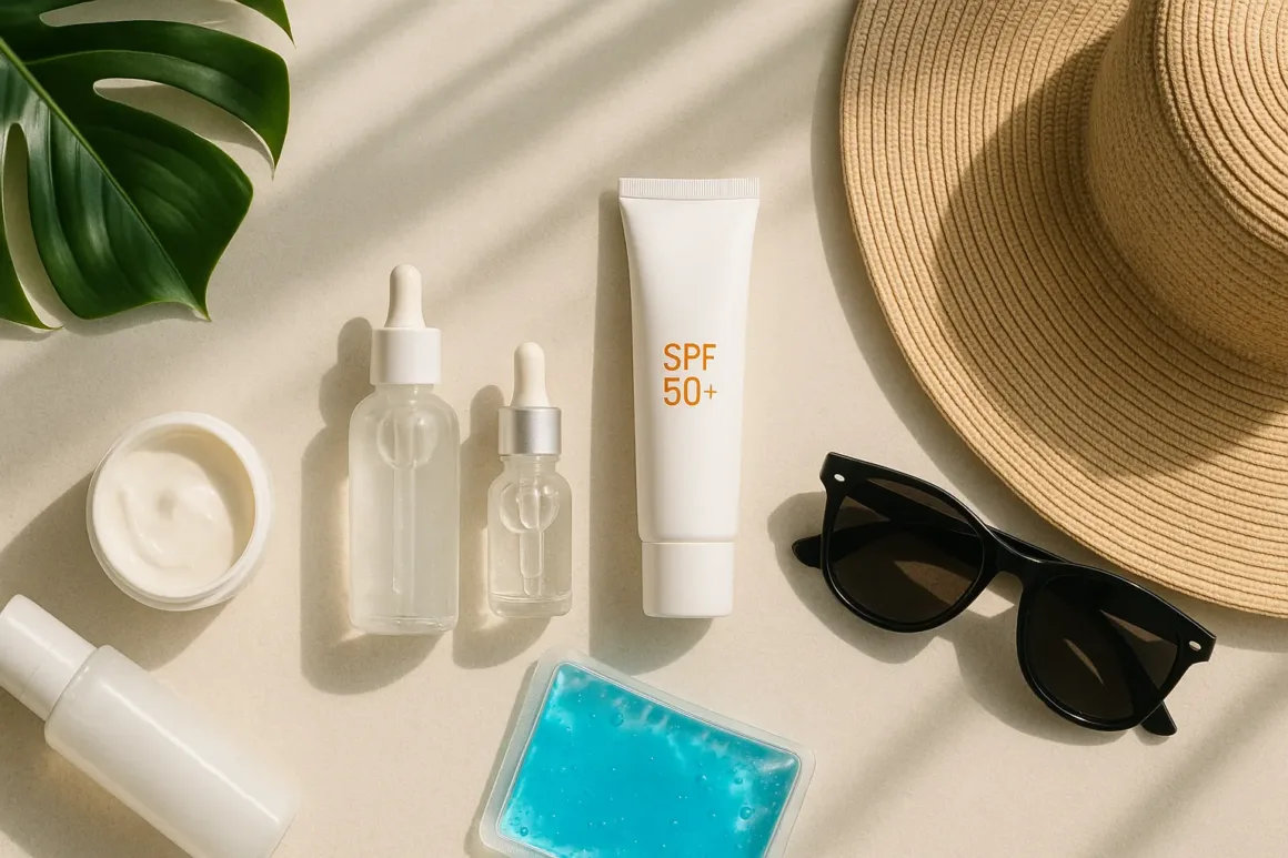 Flat lay of SPF 50+ sunscreen, hydrating serums, cooling gel pack, hat and sunglasses with tropical leaf—post-treatment pigmentation care in Singapore.