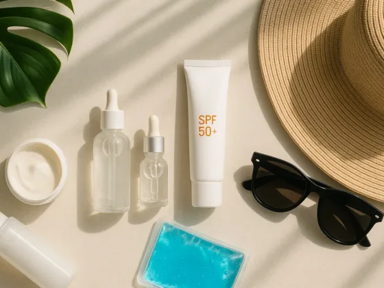 Flat lay of SPF 50+ sunscreen, hydrating serums, cooling gel pack, hat and sunglasses with tropical leaf—post-treatment pigmentation care in Singapore.