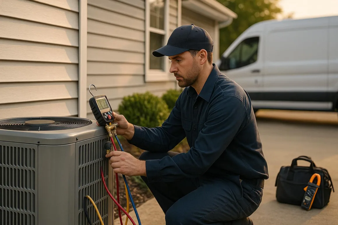 Technician checking superheat, subcooling, and static pressure on an outdoor heat pump condenser during a 2025 tune-up.