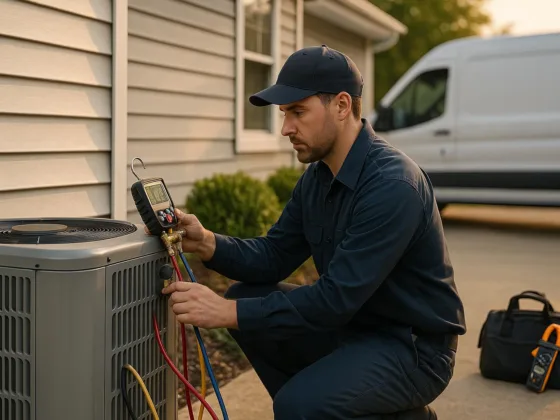 Technician checking superheat, subcooling, and static pressure on an outdoor heat pump condenser during a 2025 tune-up.
