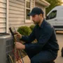 Technician checking superheat, subcooling, and static pressure on an outdoor heat pump condenser during a 2025 tune-up.