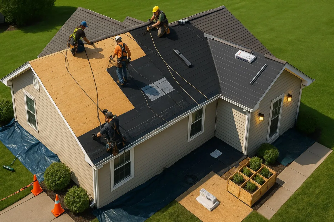 Photorealistic roof replacement with tear-off, underlayment, and ridge vent install.