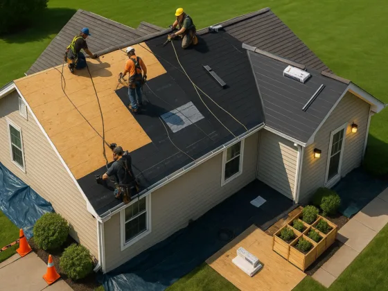 Photorealistic roof replacement with tear-off, underlayment, and ridge vent install.