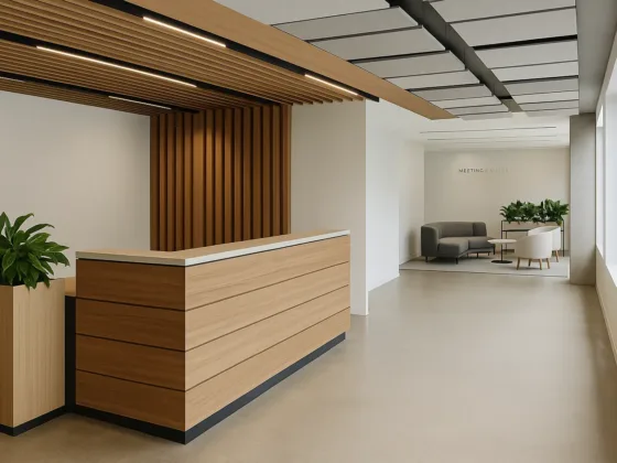 Reception and collaboration area with warm timber joinery, acoustic baffles, greenery, and strong leading lines in bright daylight—modern bespoke corporate office design.