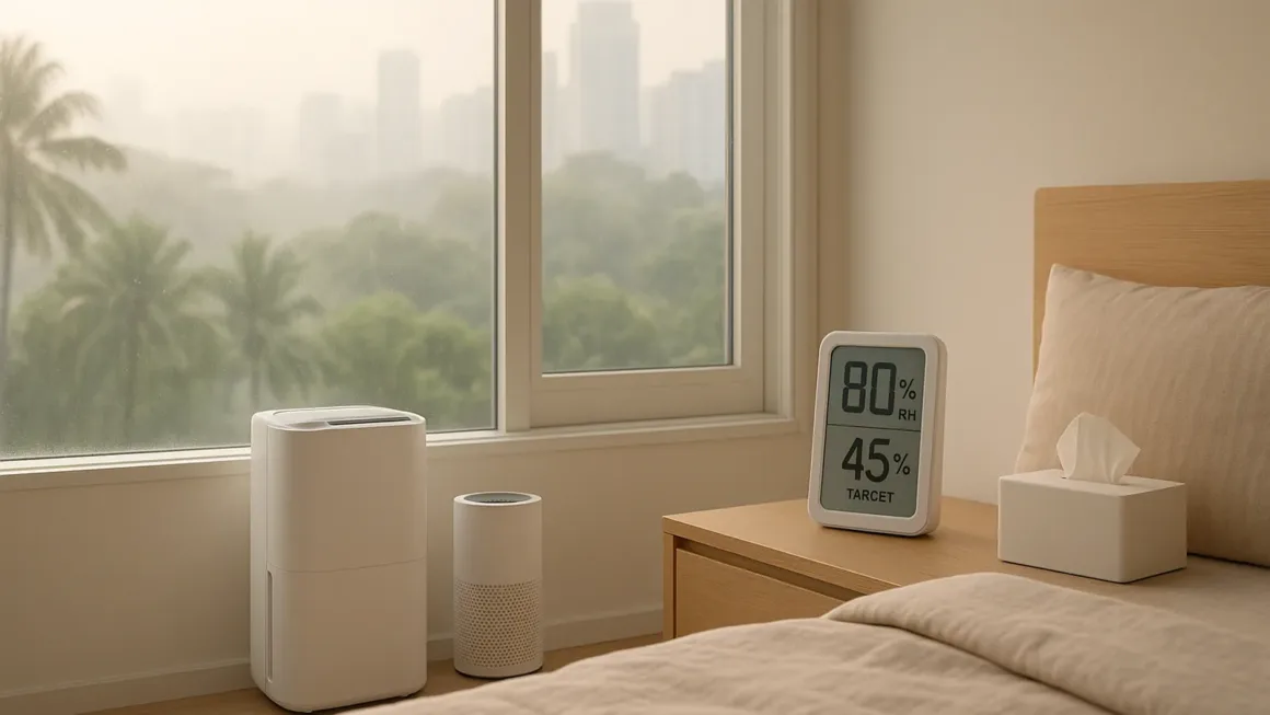 Singapore high-rise bedroom with dehumidifier, air purifier, and a hygrometer—dry, clean indoor air against a humid, hazy view outside.