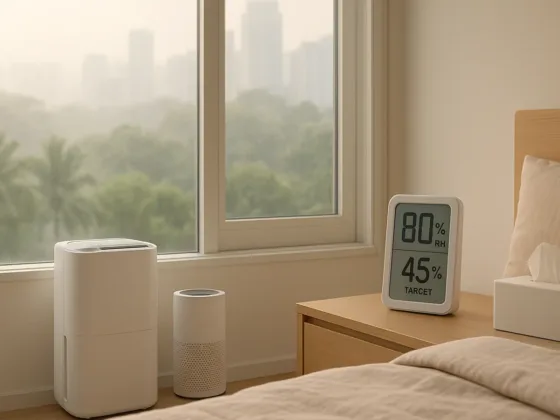 Singapore high-rise bedroom with dehumidifier, air purifier, and a hygrometer—dry, clean indoor air against a humid, hazy view outside.