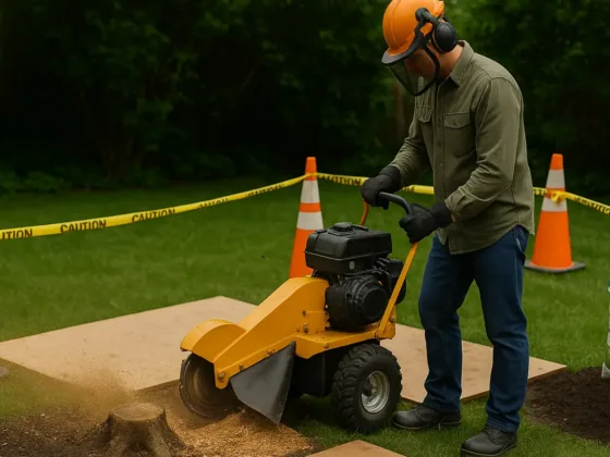 Arborist stump-grinding a backyard stump with PPE, turf protected by plywood, chips contained, area prepped for soil and seed.