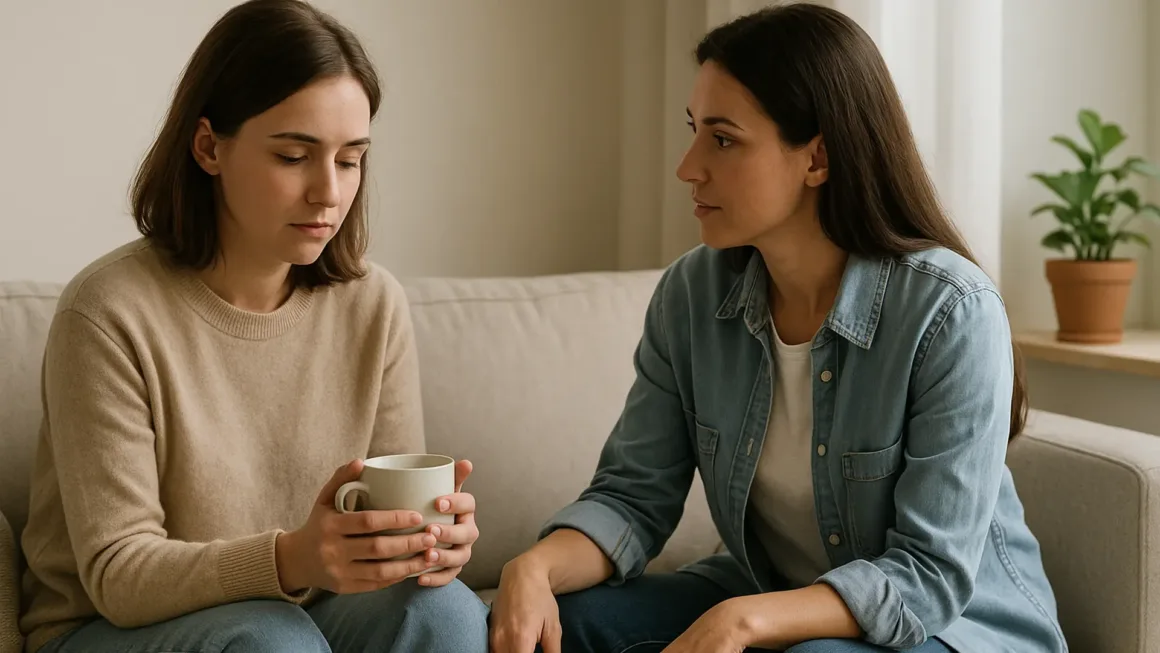 A friend listens with care as another holds a mug on a sofa in soft daylight, conveying quiet, supportive conversation at home.