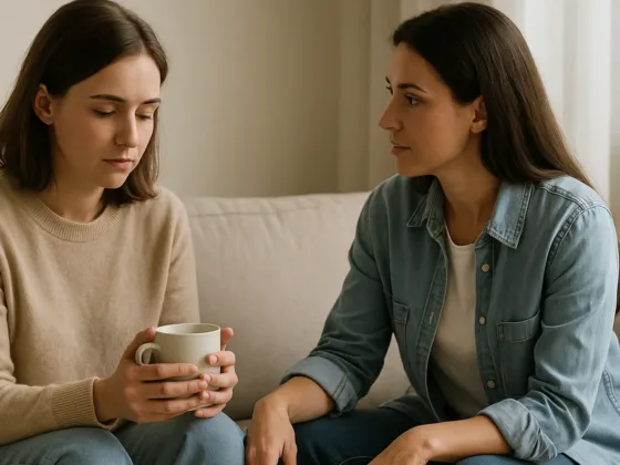 A friend listens with care as another holds a mug on a sofa in soft daylight, conveying quiet, supportive conversation at home.