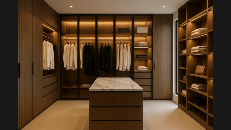 Modern luxury walk-in closet with dark walnut cabinetry, glass-front wardrobes, a stone-topped island, and warm LED lighting