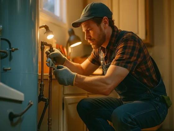 Professional water heater installation: technician tightens copper water-line connections on a residential storage tank, wearing gloves for safety.