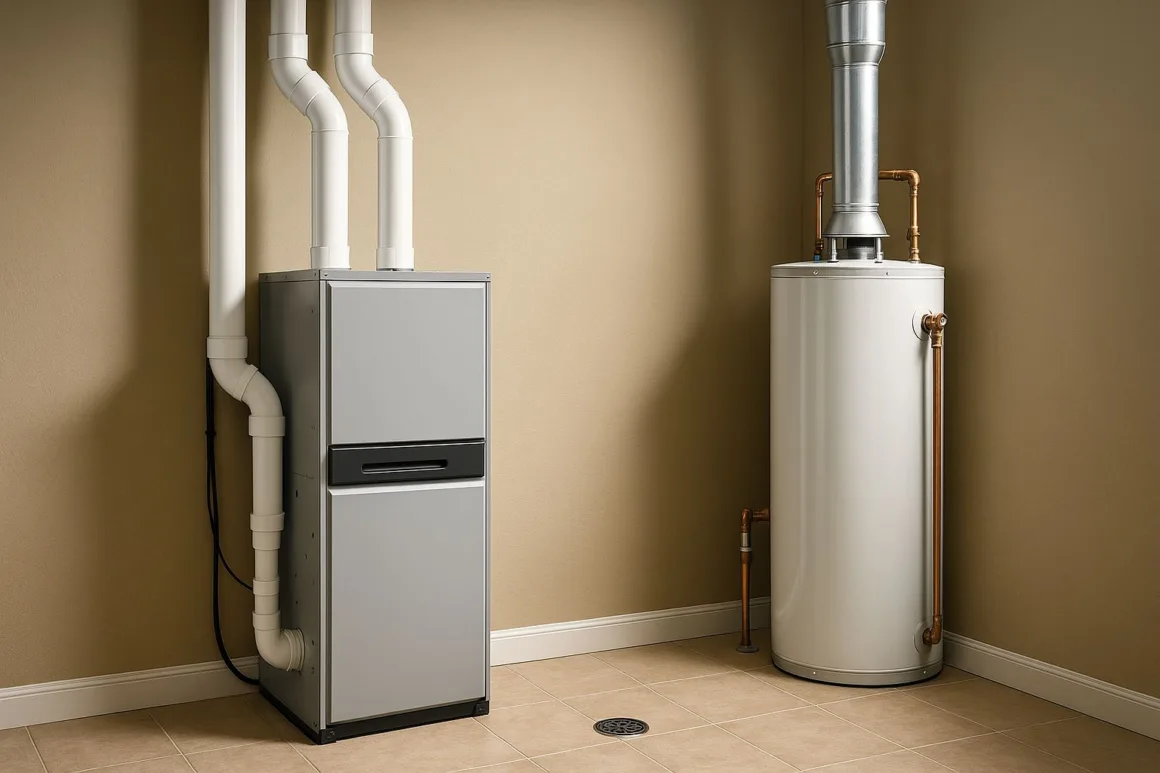 High-efficiency 95% AFUE condensing gas furnace with sealed PVC venting and condensate drain in a tidy utility room.