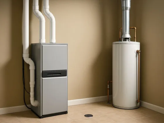 High-efficiency 95% AFUE condensing gas furnace with sealed PVC venting and condensate drain in a tidy utility room.