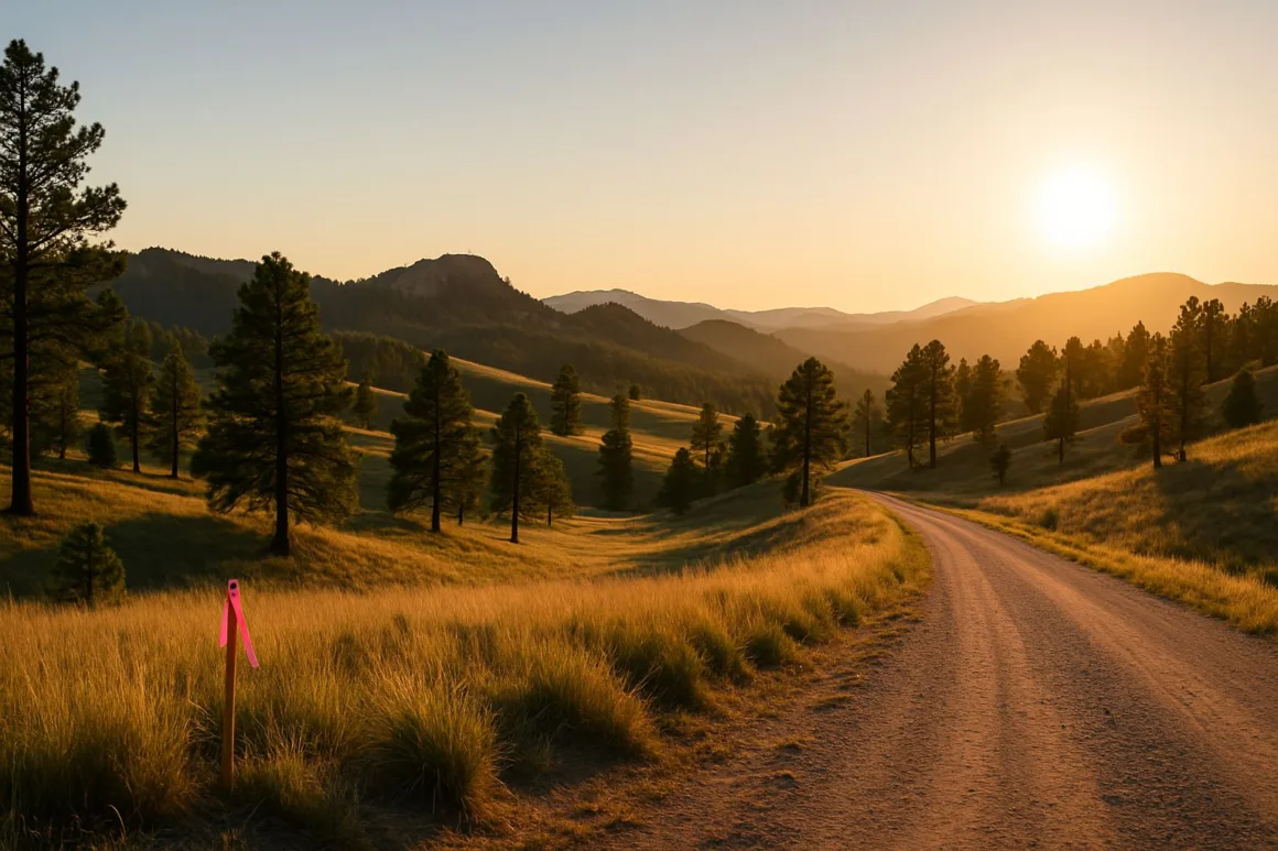Rolling Black Hills landscape at golden hour with pines, granite outcrops, and a flagged survey stake beside a gravel road.