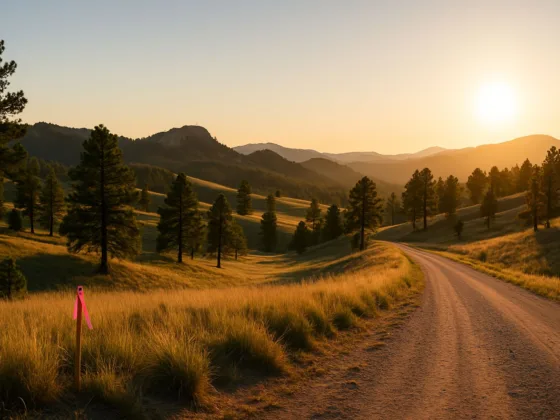 Rolling Black Hills landscape at golden hour with pines, granite outcrops, and a flagged survey stake beside a gravel road.