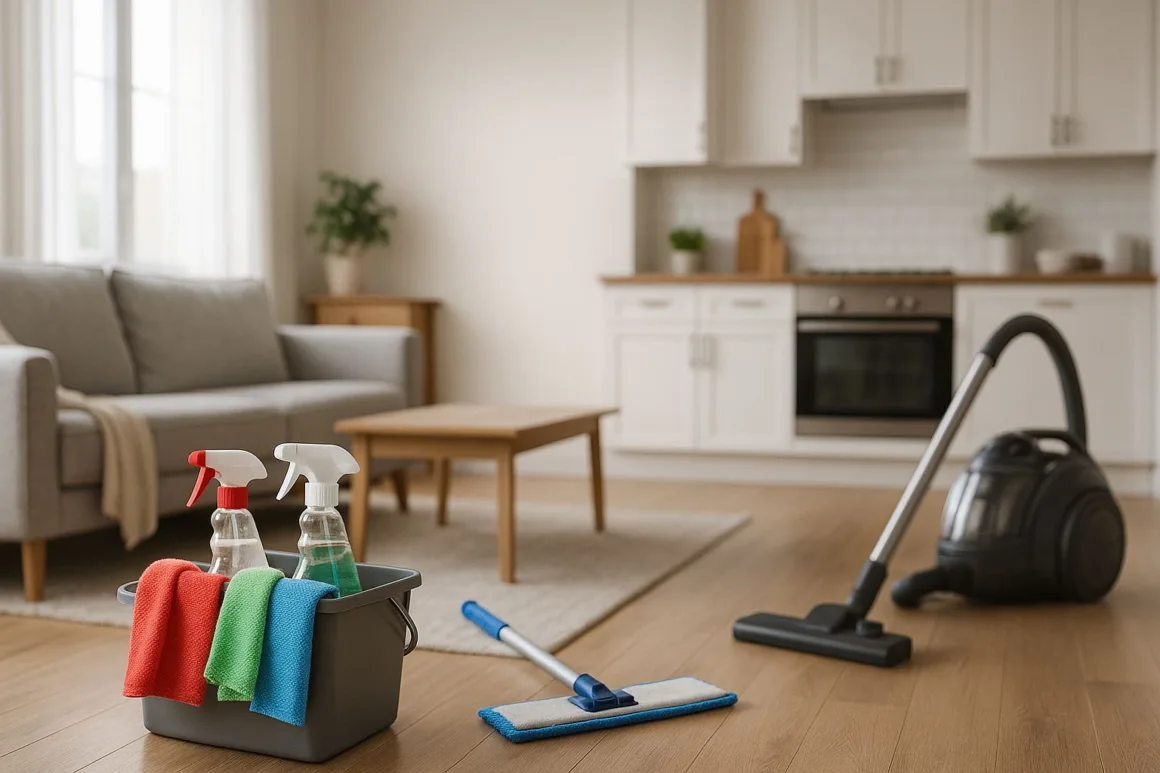 How to clean a house professionally: color-coded microfiber caddy, mop, and HEPA vacuum in a spotless living room and kitchen.