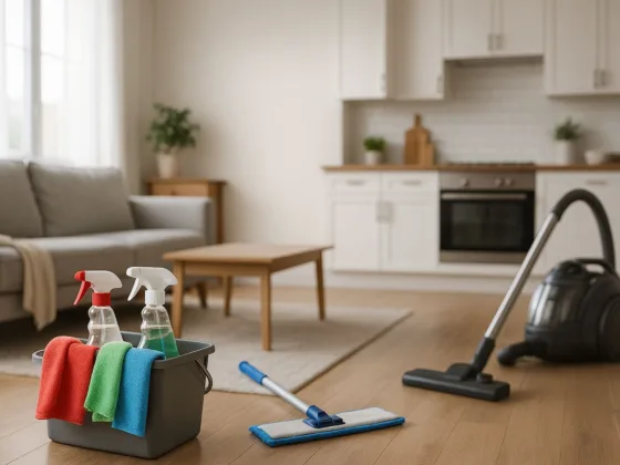 How to clean a house professionally: color-coded microfiber caddy, mop, and HEPA vacuum in a spotless living room and kitchen.