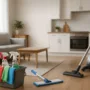 How to clean a house professionally: color-coded microfiber caddy, mop, and HEPA vacuum in a spotless living room and kitchen.