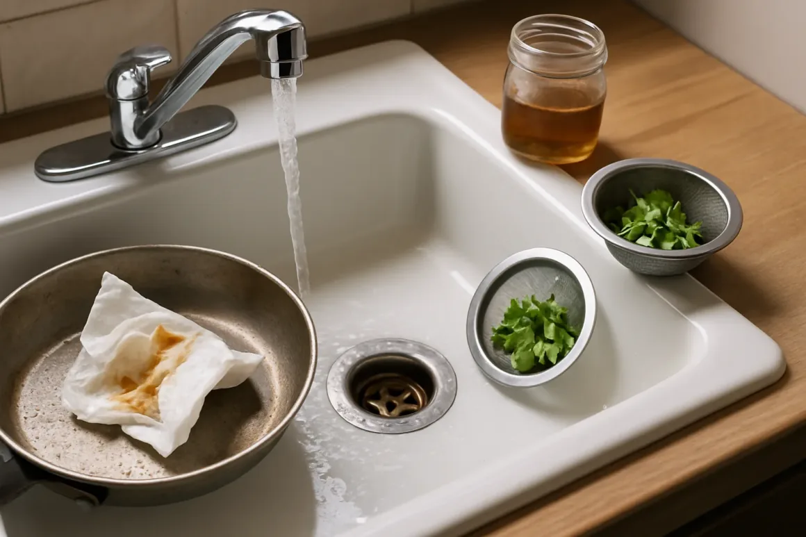 Kitchen sink with running hot water, mesh drain strainers, and a greasy pan being wiped before washing to prevent clogs.