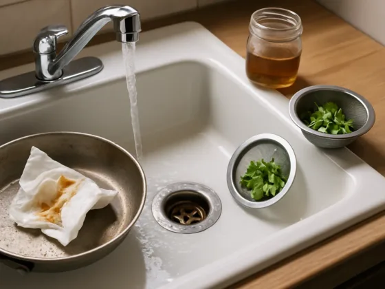 Kitchen sink with running hot water, mesh drain strainers, and a greasy pan being wiped before washing to prevent clogs.