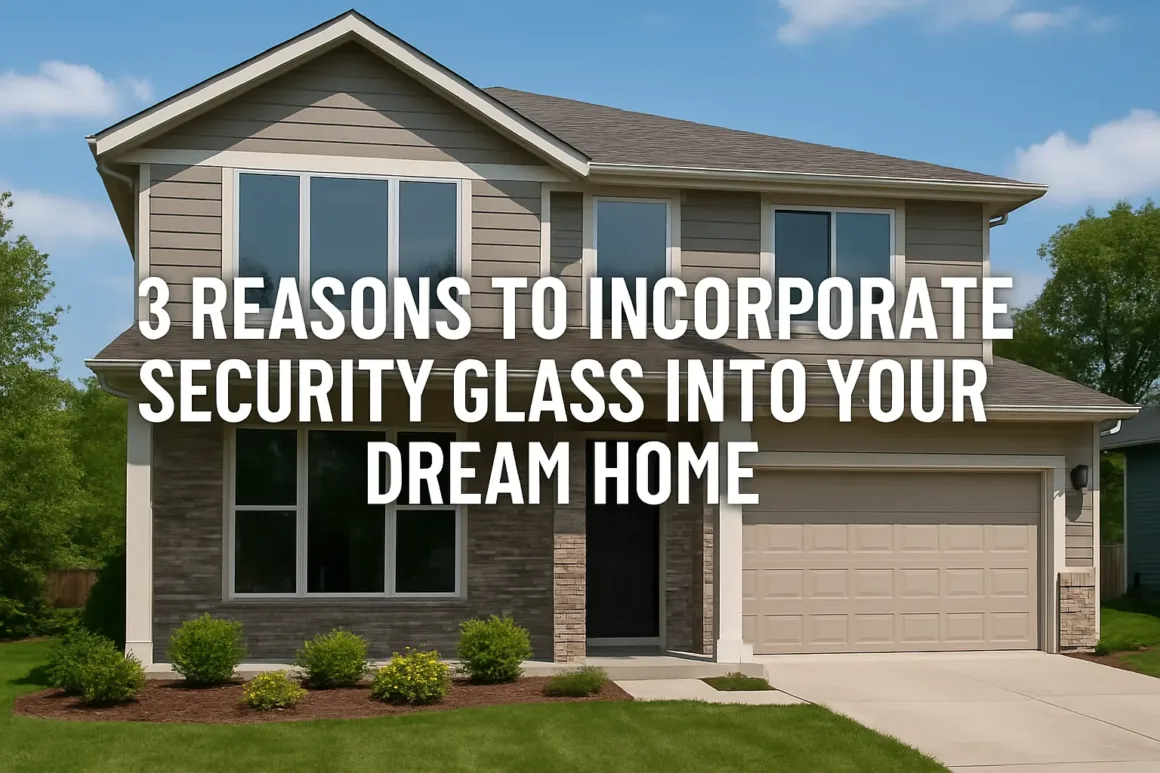 Modern two-story suburban home with large security glass windows on the front façade under a blue sky.