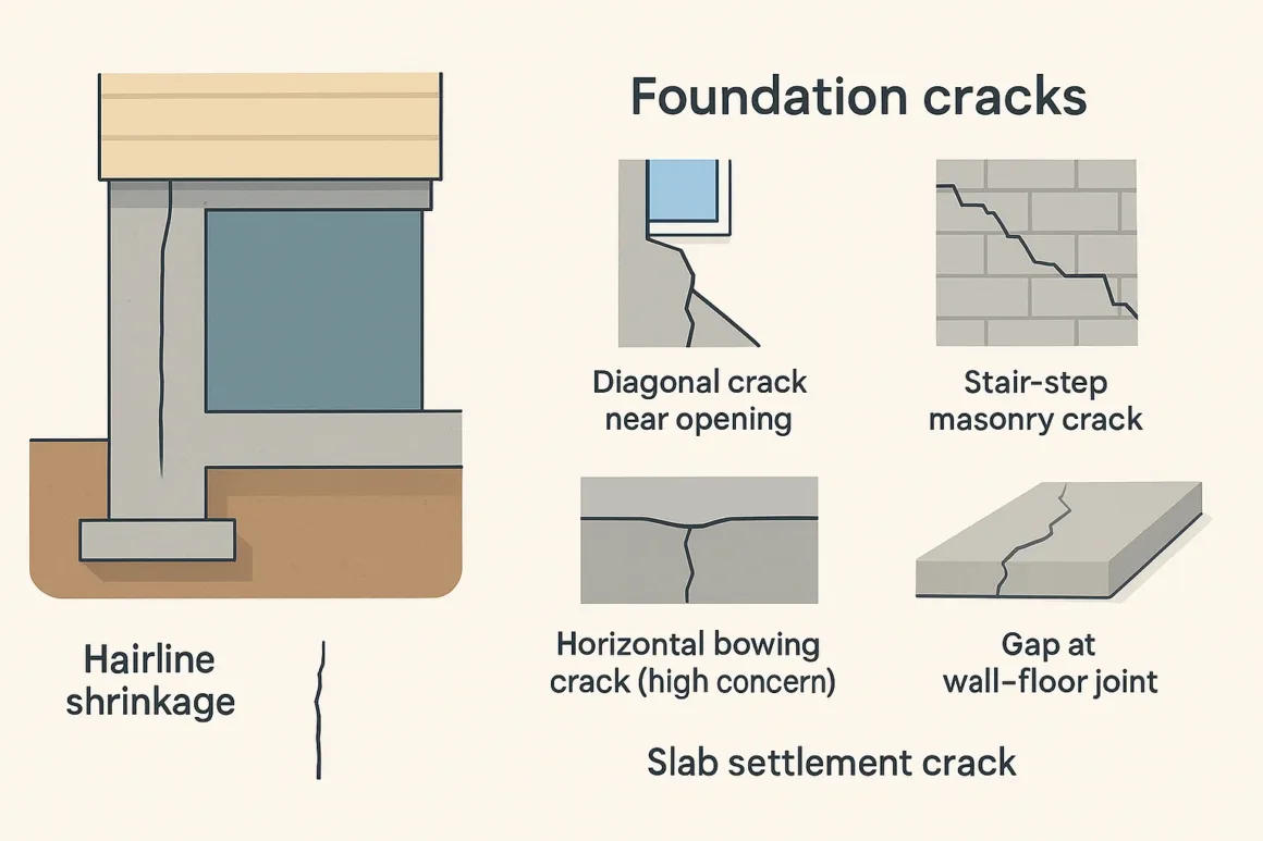 Infographic comparing different types of foundation cracks with labeled illustrations for hairline, diagonal, stair-step, horizontal, and slab settlement cracks.