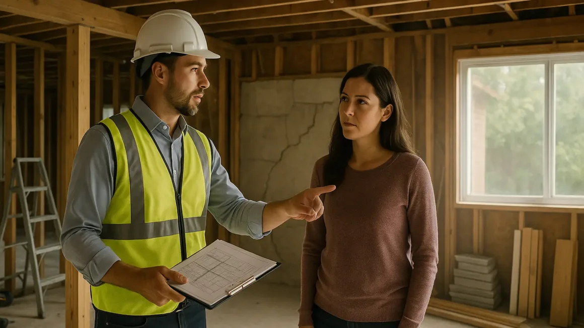 Structural engineer discussing wall cracks with a concerned homeowner in a partially demolished living room, with exposed framing and temporary supports.