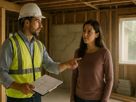 Structural engineer discussing wall cracks with a concerned homeowner in a partially demolished living room, with exposed framing and temporary supports.