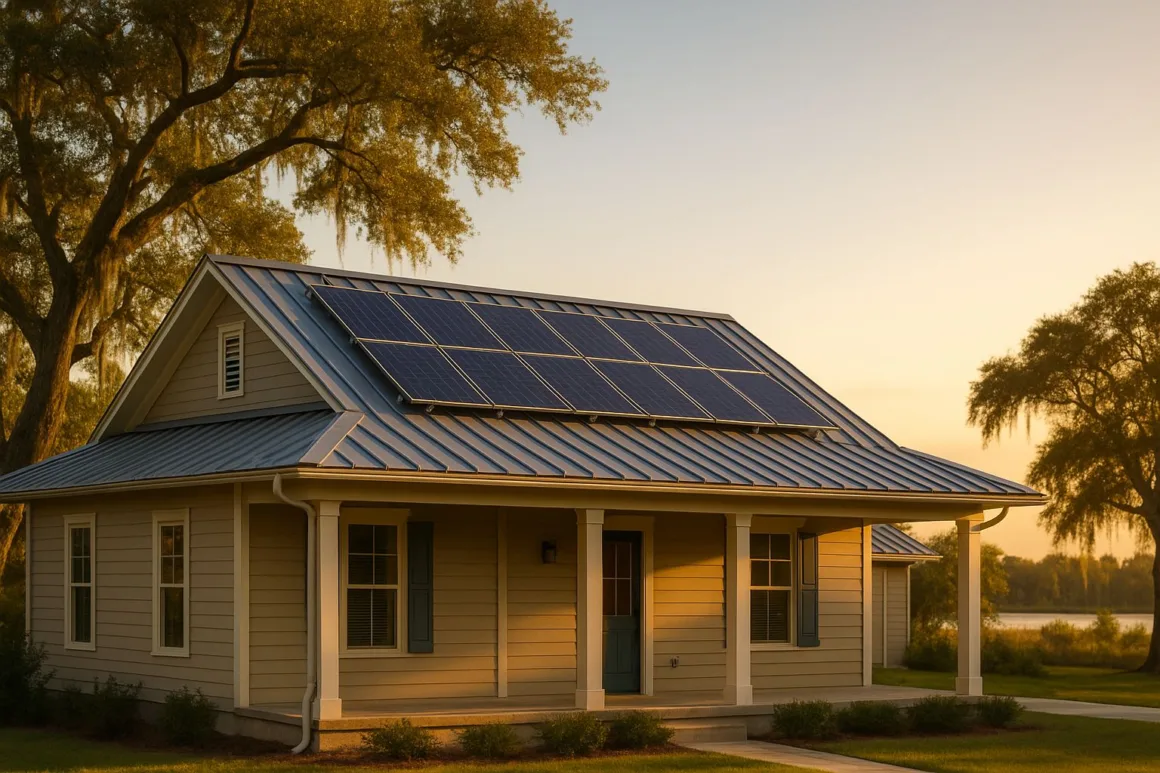 Louisiana coastal home with rooftop solar panels at golden hour, live oaks draped in Spanish moss, bayou in the background.
