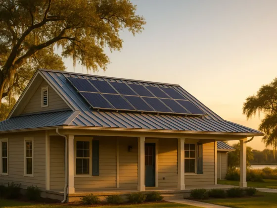 Louisiana coastal home with rooftop solar panels at golden hour, live oaks draped in Spanish moss, bayou in the background.