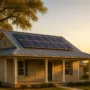 Louisiana coastal home with rooftop solar panels at golden hour, live oaks draped in Spanish moss, bayou in the background.