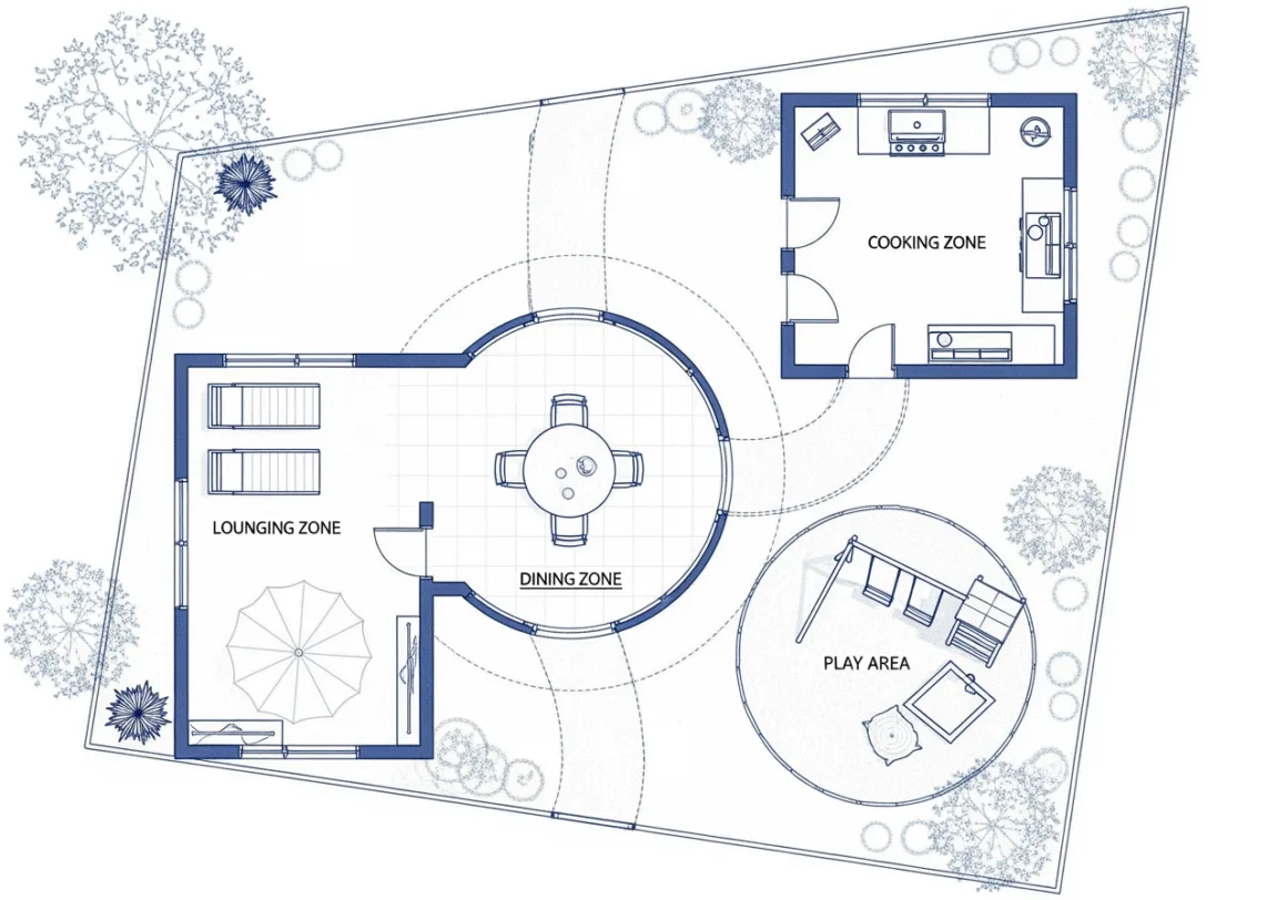 Backyard patio with pavers, outdoor kitchen, and dining area