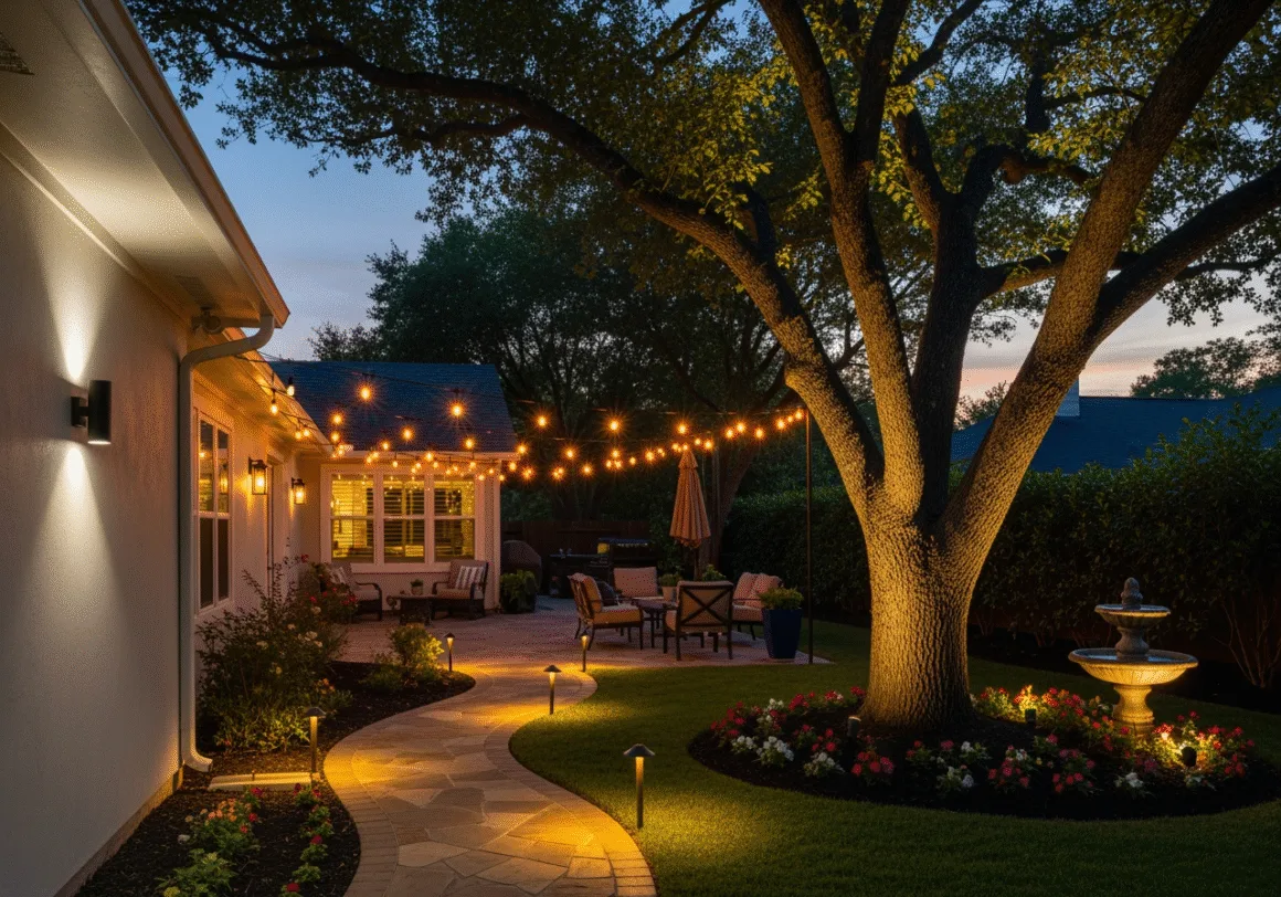 Outdoor living space at night with layered path, string, and accent lighting