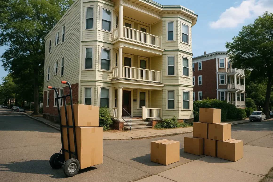 Moving boxes and a hand truck in front of a classic Boston triple-decker apartment building on moving day