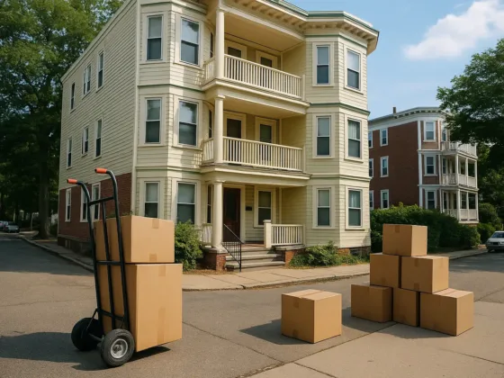 Moving boxes and a hand truck in front of a classic Boston triple-decker apartment building on moving day