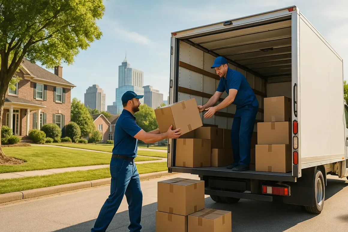 Two professional movers in blue uniforms unloading cardboard boxes from a moving truck on a sunny day in a Raleigh neighborhood, with the city skyline in the background.