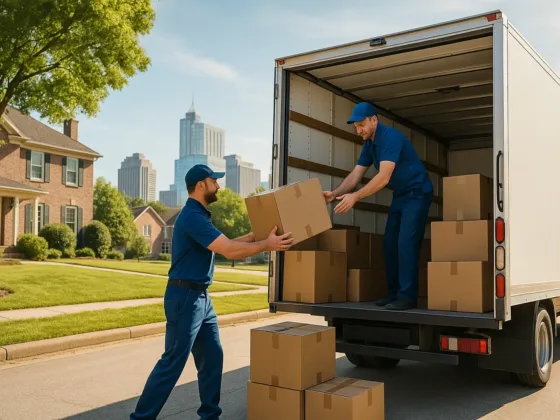 Two professional movers in blue uniforms unloading cardboard boxes from a moving truck on a sunny day in a Raleigh neighborhood, with the city skyline in the background.