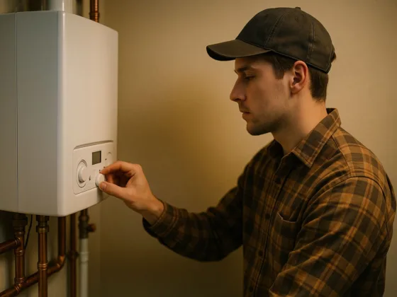 Licensed HVAC technician replacing a residential gas boiler; verifying flue joints and gas connections during commissioning