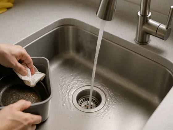 Photorealistic close-up of a stainless steel kitchen sink with water flowing cleanly into the drain, symbolizing a freshly cleaned and unclogged plumbing system. Bright neutral lighting with sharp detail and soft reflections.