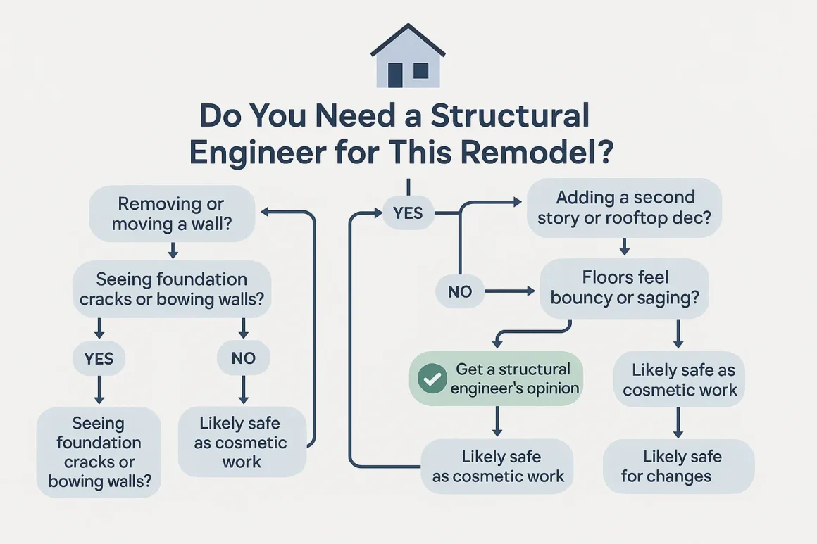 Decision-tree infographic showing key questions homeowners can ask to decide whether they need a structural engineer for their remodel.