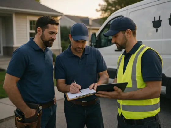 Tradespeople reviewing work details before starting a job