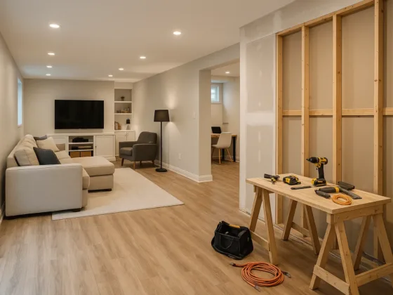 Finished basement mid-remodel, with a cozy family room on one side and exposed framing with tools on the other, showing the renovation in progress.