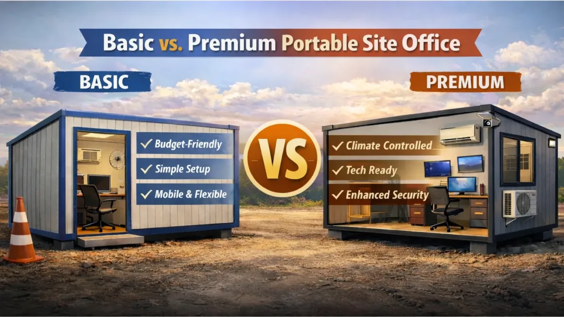 Basic versus premium portable site office comparison showing differences in comfort, technology, and security on a construction site
