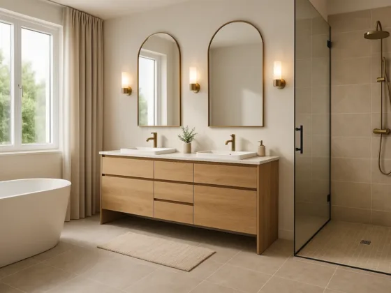 Photorealistic modern bathroom with freestanding tub, warm wood double vanity, arched mirrors, and a walk-in shower showcasing current bathroom remodeling trends.