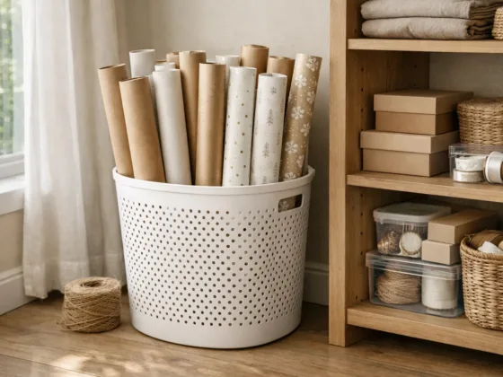Bulk wrapping paper rolls stored upright in a ventilated bin beside wooden shelving, showing proper organization and protection for long-term storage.