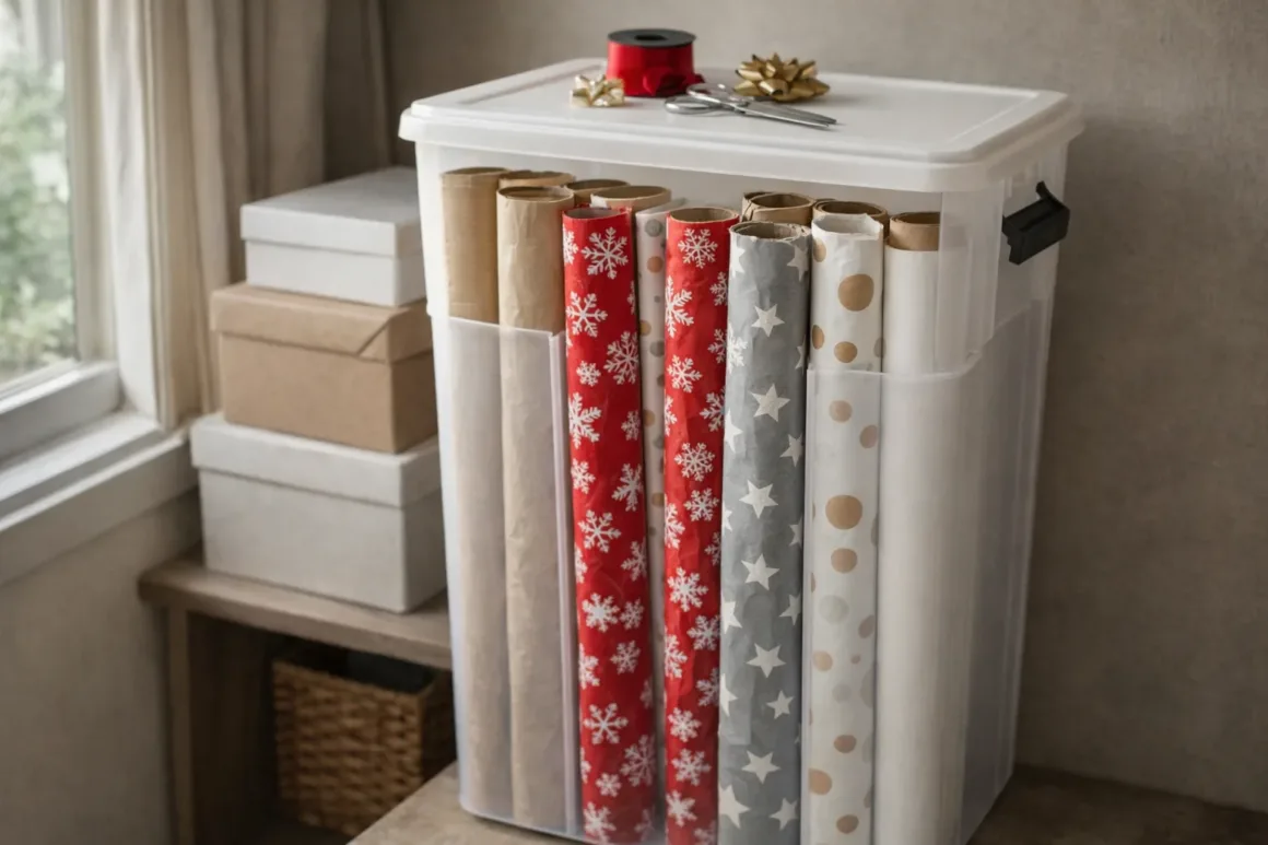 Neatly organized bulk wrapping paper stored upright in a clean home storage area, preventing creases and waste