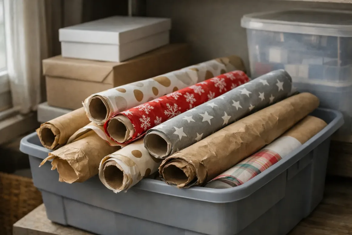Bulk wrapping paper rolls damaged and unused due to poor storage in a home setting.