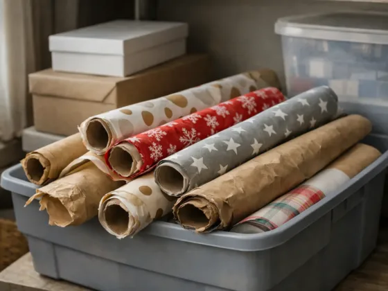 Bulk wrapping paper rolls damaged and unused due to poor storage in a home setting.
